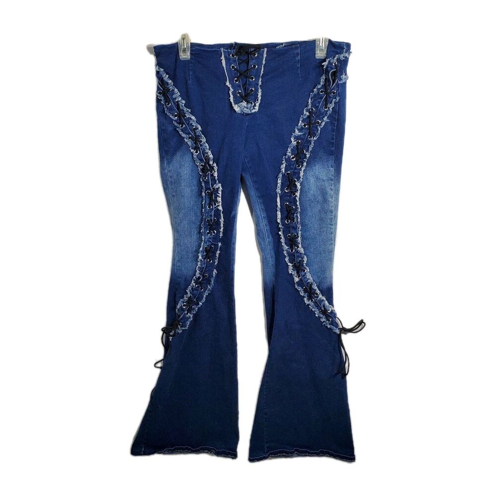 Fashion Nova Wanderlust Denim Pants Bell Bottom Medium Wash with lace-up Legs...